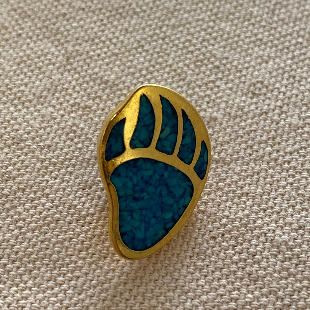 Gold Tone Metal and Blue Compressed Turquoise Bear Paw Lapel Pin